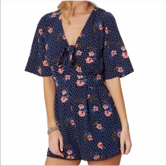 Altar'd State Navy Polka Dot Floral Shorts Romper, M - Picture 1 of 9